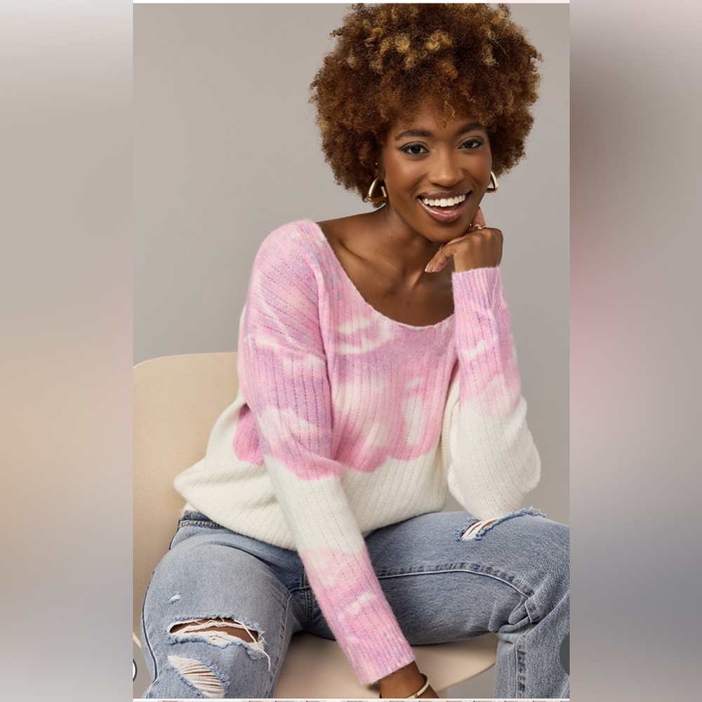 New Francesca’s Tilly Ribbed Pullover Pink And Cream Floral Pattern Sweater